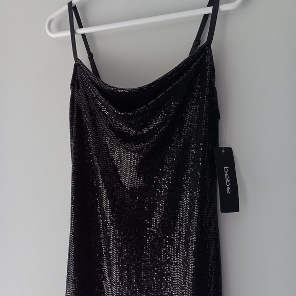 NEW Bebe Shiny Metallic Maxi Dress Spaghetti Strap Draped Neck Side Slit Medium - Picture 4 of 15